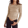 Women Long Sleeve Cropped Top Sequin Basic T-shirt - Gold / S