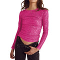 Women Long Sleeve Cropped Top Sequin Basic T-shirt - Rose Red / S
