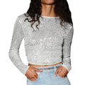 Women Long Sleeve Cropped Top Sequin Basic T-shirt - Silver / S