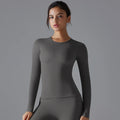 Women long sleeve light grey crew neck activewear top