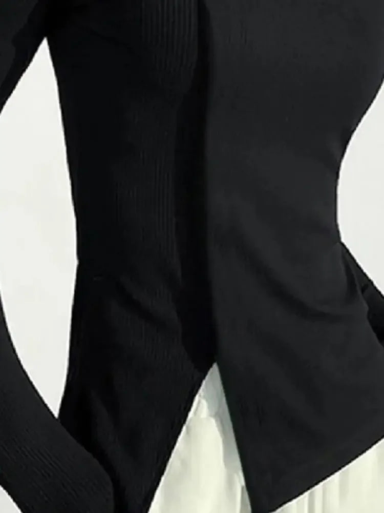 Women Long Sleeve Split-Joint High Neck T-Shirts