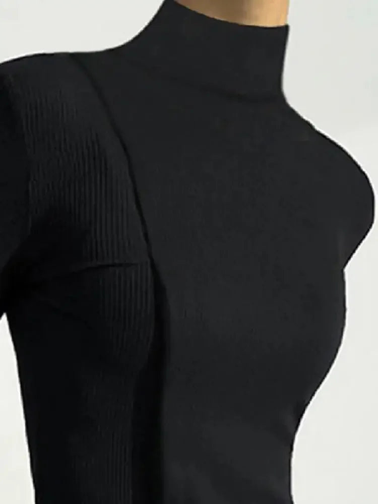 Women Long Sleeve Split-Joint High Neck T-Shirts