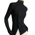Women Long Sleeve Split-Joint High Neck T-Shirts - Black / XXL