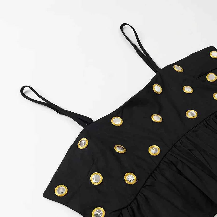 Women Metal Hollow Pleated Suspender Skirt Suit