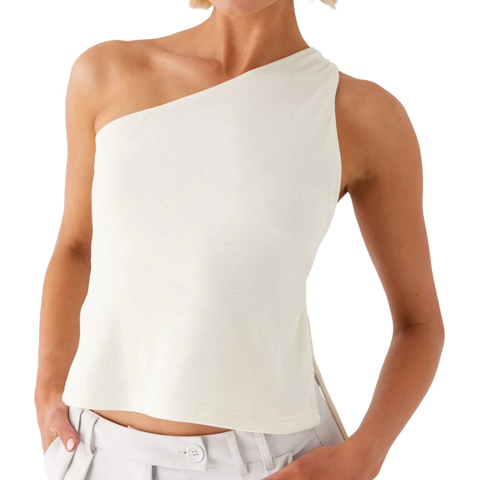 Women Off One Shoulder Tank Tops - WHITE / L