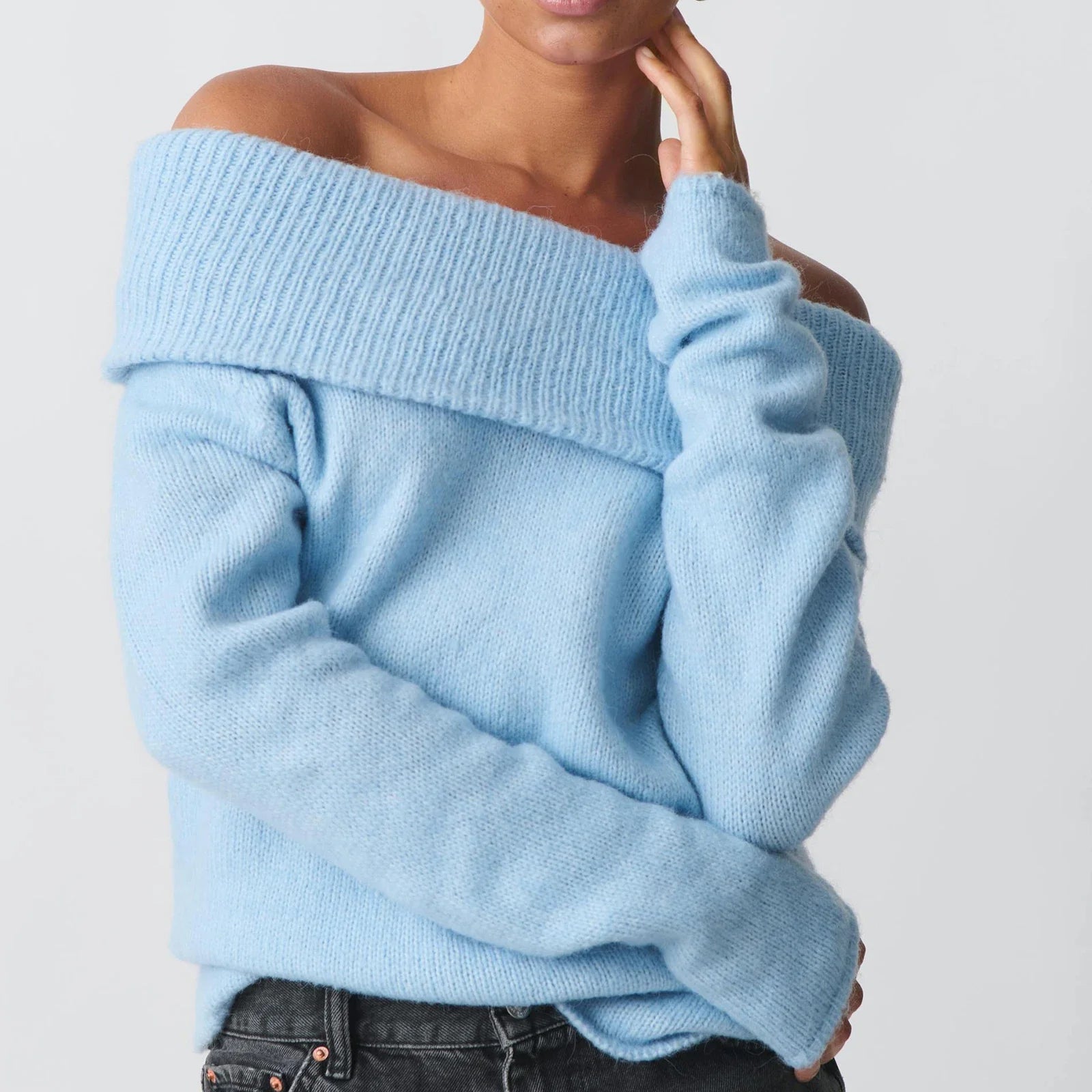 Women Off Shoulder Sweater - Blue / L