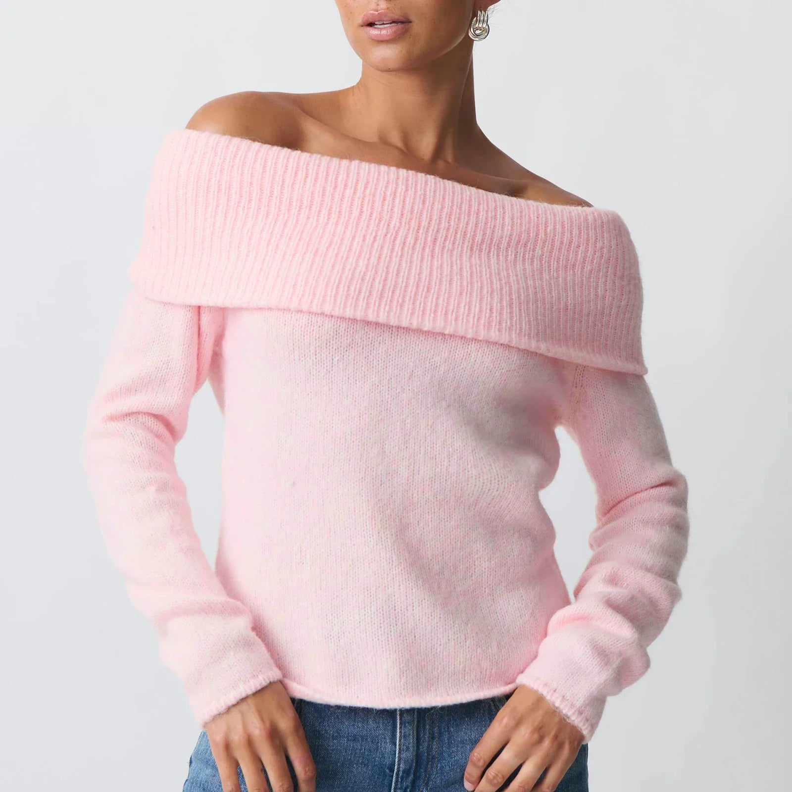 Women Off Shoulder Sweater - Pink / S