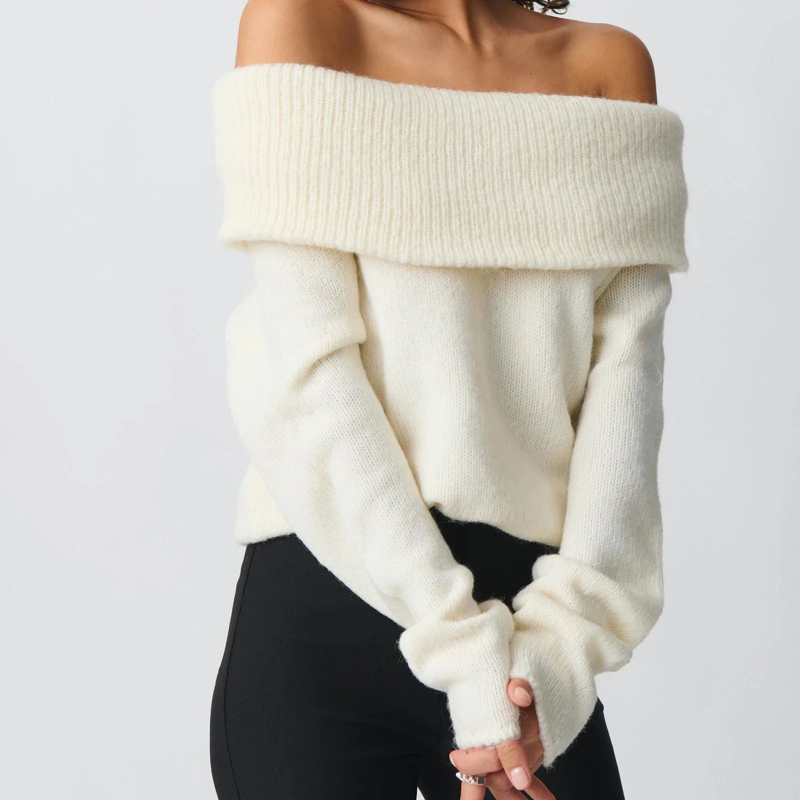 Women Off Shoulder Sweater - WHITE / S