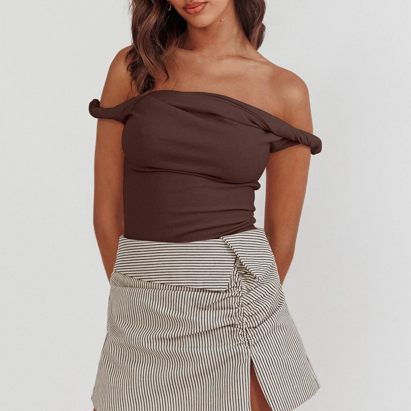 Women Off Shoulder Top Sleeveless Twist Strap Tank - E / L