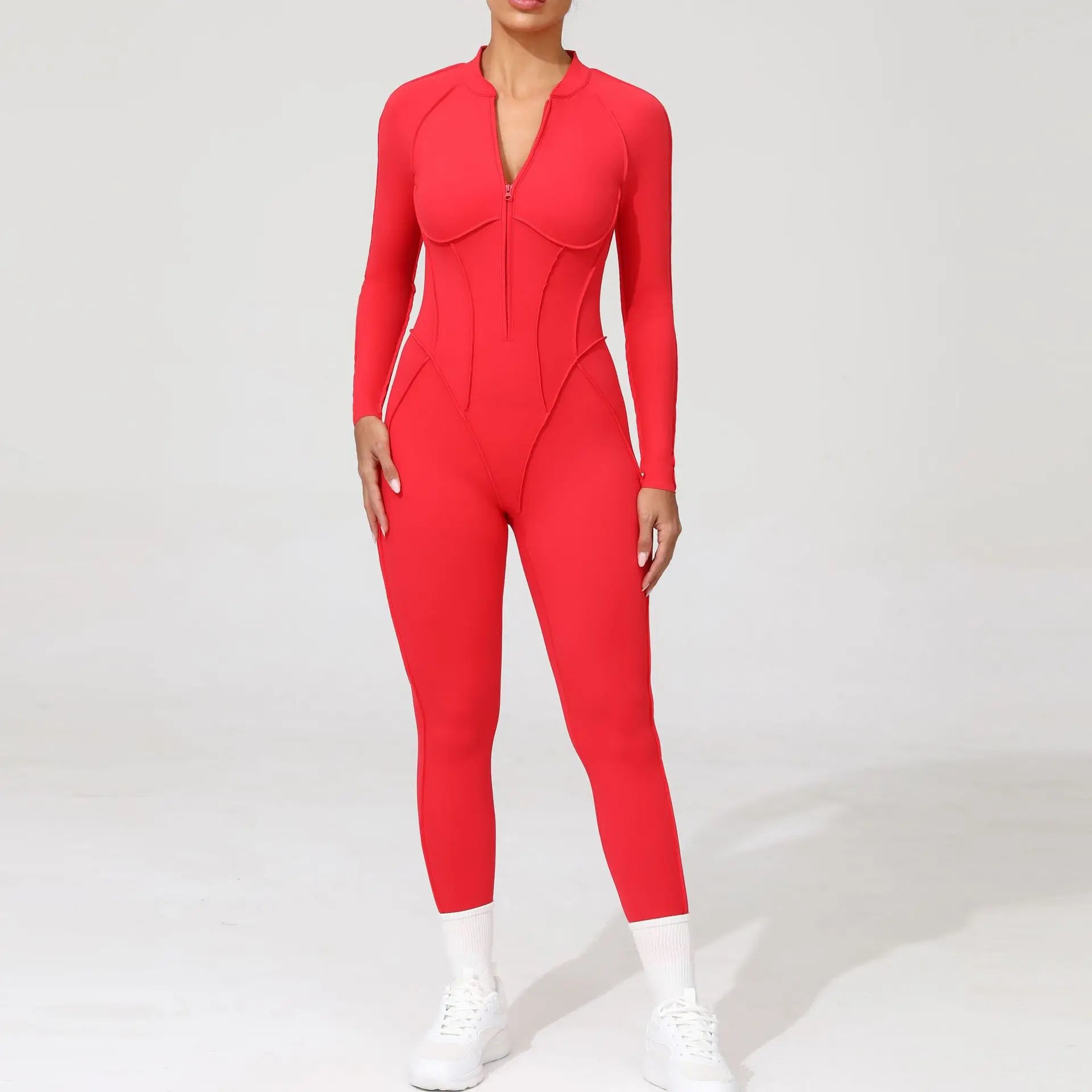 Women One Piece V Back Tracksuit - red / L / CHINA