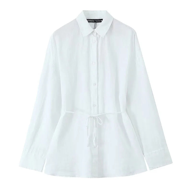 Women Oversize Shirt With Belt - WHITE / M