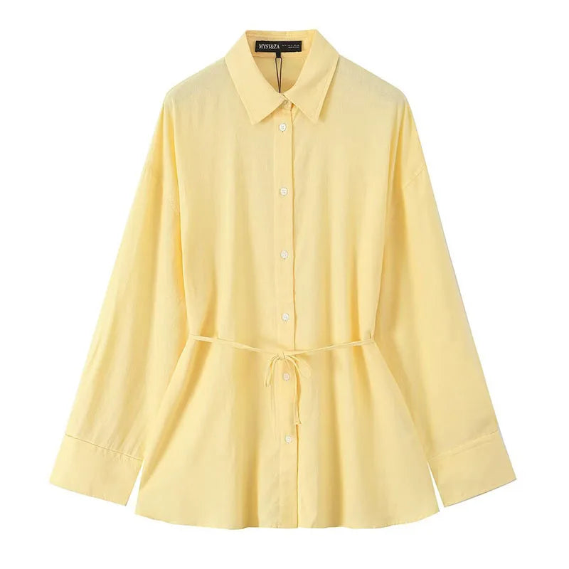 Women Oversize Shirt With Belt - Yellow / S