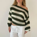 Women Oversized Striped Sweater - army green / L