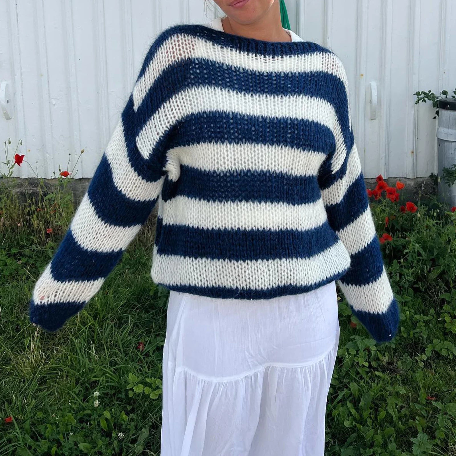 Women Oversized Striped Sweater - Blue / L