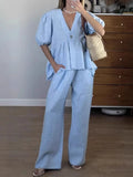 Women Pant Set Suits Cotton Solid Outfits V-neck