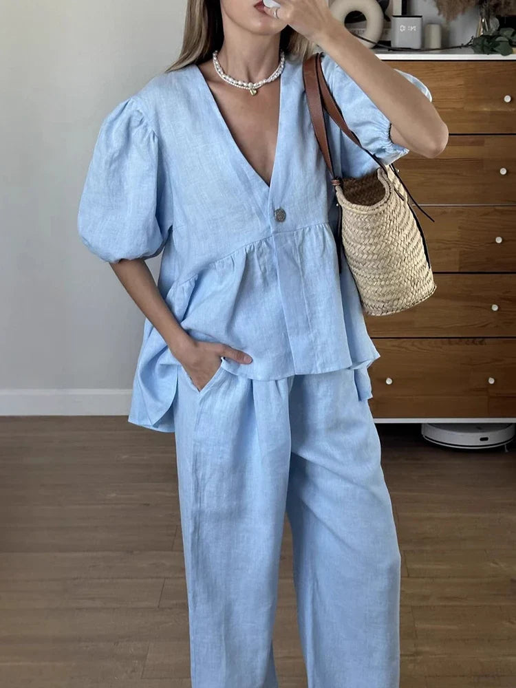 Women Pant Set Suits Cotton Solid Outfits V-neck