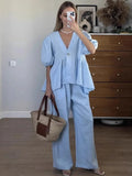 Women Pant Set Suits Cotton Solid Outfits V-neck - Blue / S
