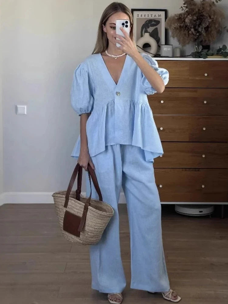 Women Pant Set Suits Cotton Solid Outfits V-neck - Blue / S