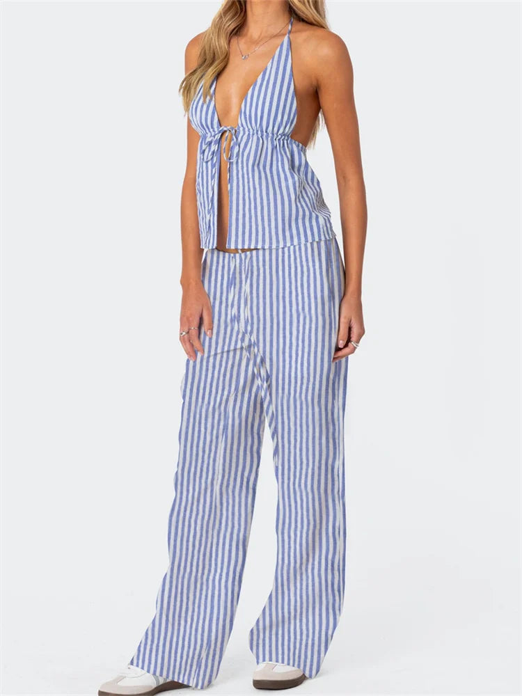 Women Pants Outfits Striped/Solid Halter Tie-Up Backless Tank Tops Wide-Leg 2 Pieces Set - I / L