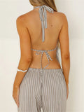 Women Pants Outfits Striped/Solid Halter Tie-Up Backless Tank Tops Wide-Leg 2 Pieces Set