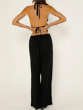 Women Pants Outfits Striped/Solid Halter Tie-Up Backless Tank Tops Wide-Leg 2 Pieces Set