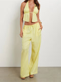 Women Pants Outfits Striped/Solid Halter Tie-Up Backless Tank Tops Wide-Leg 2 Pieces Set - C / S