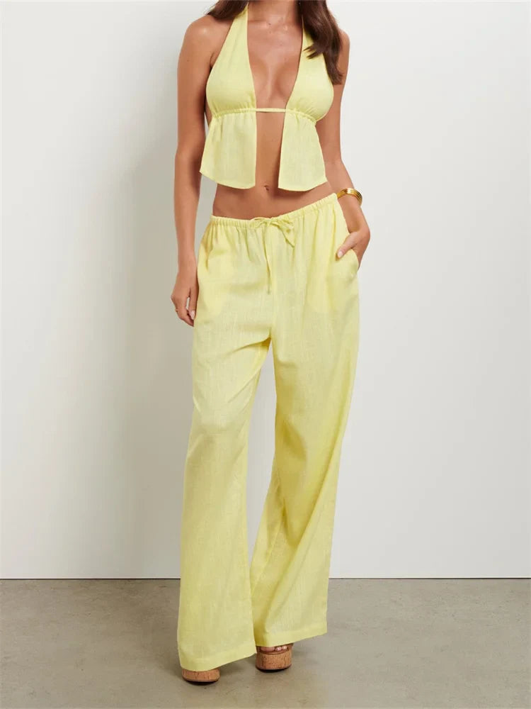 Women Pants Outfits Striped/Solid Halter Tie-Up Backless Tank Tops Wide-Leg 2 Pieces Set - C / S