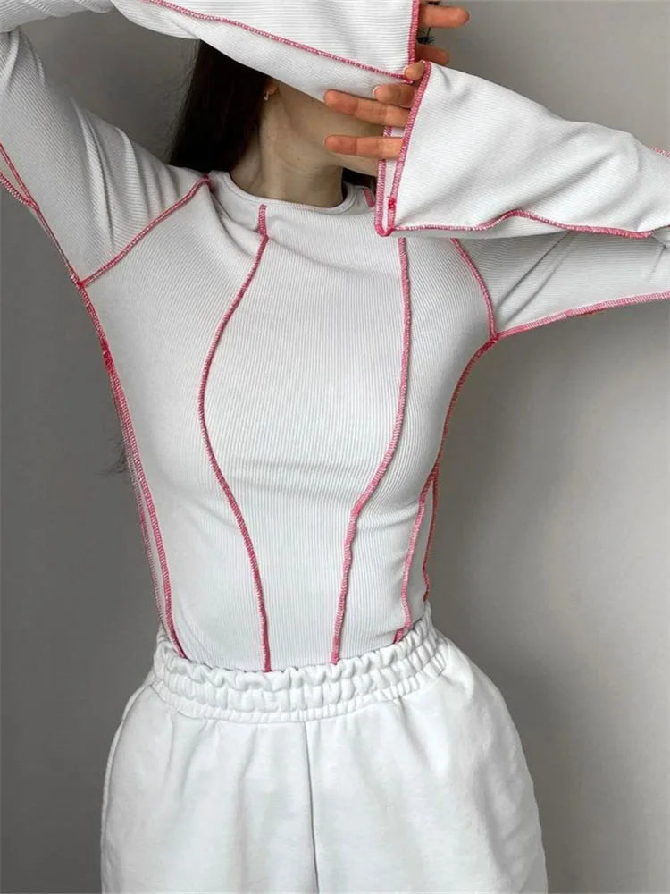 Women Patchwork T-Shirts Chic Casual Long Flare Sleeve Round Neck - Other