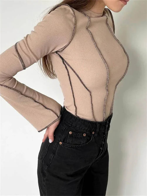 Women Patchwork T-Shirts Chic Casual Long Flare Sleeve Round Neck - L / Khaki - Other