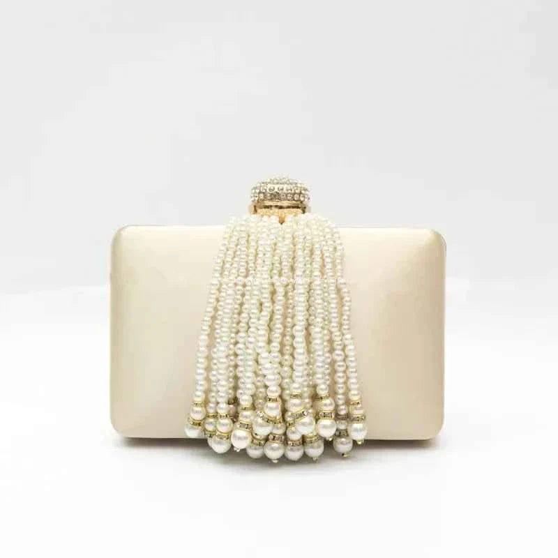 Women Pearl Tassel Satin Evening Bag