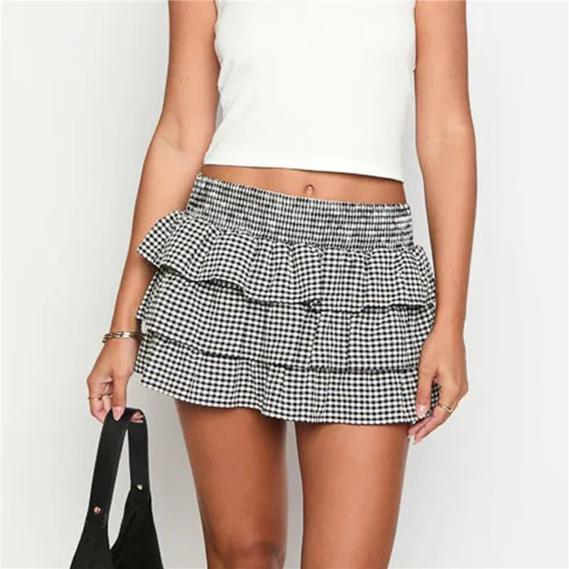 Women Plaid Ruffle Mini Skirt