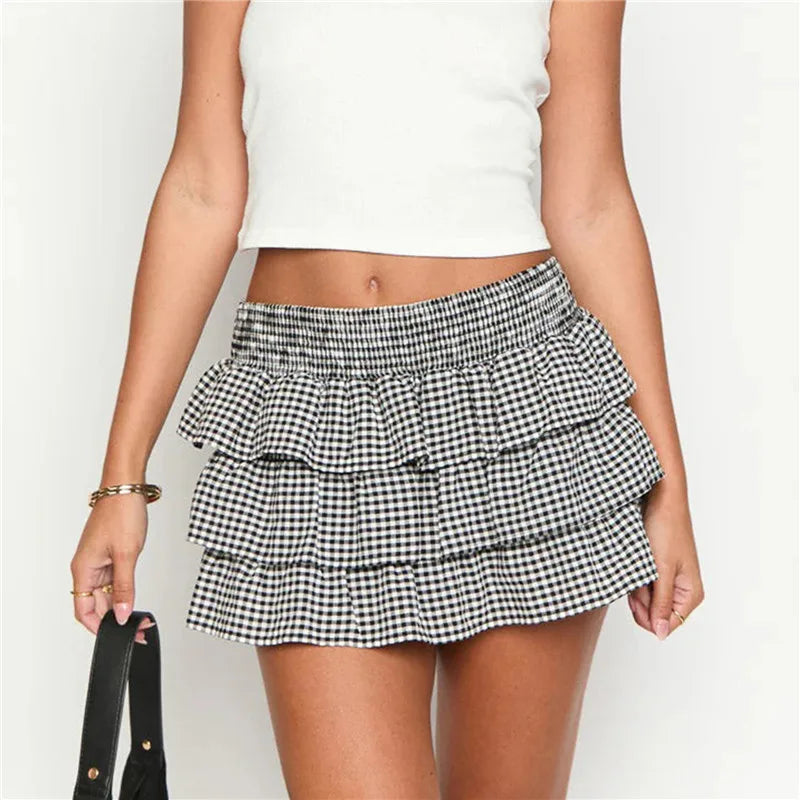 Women Plaid Ruffle Mini Skirt - black / L