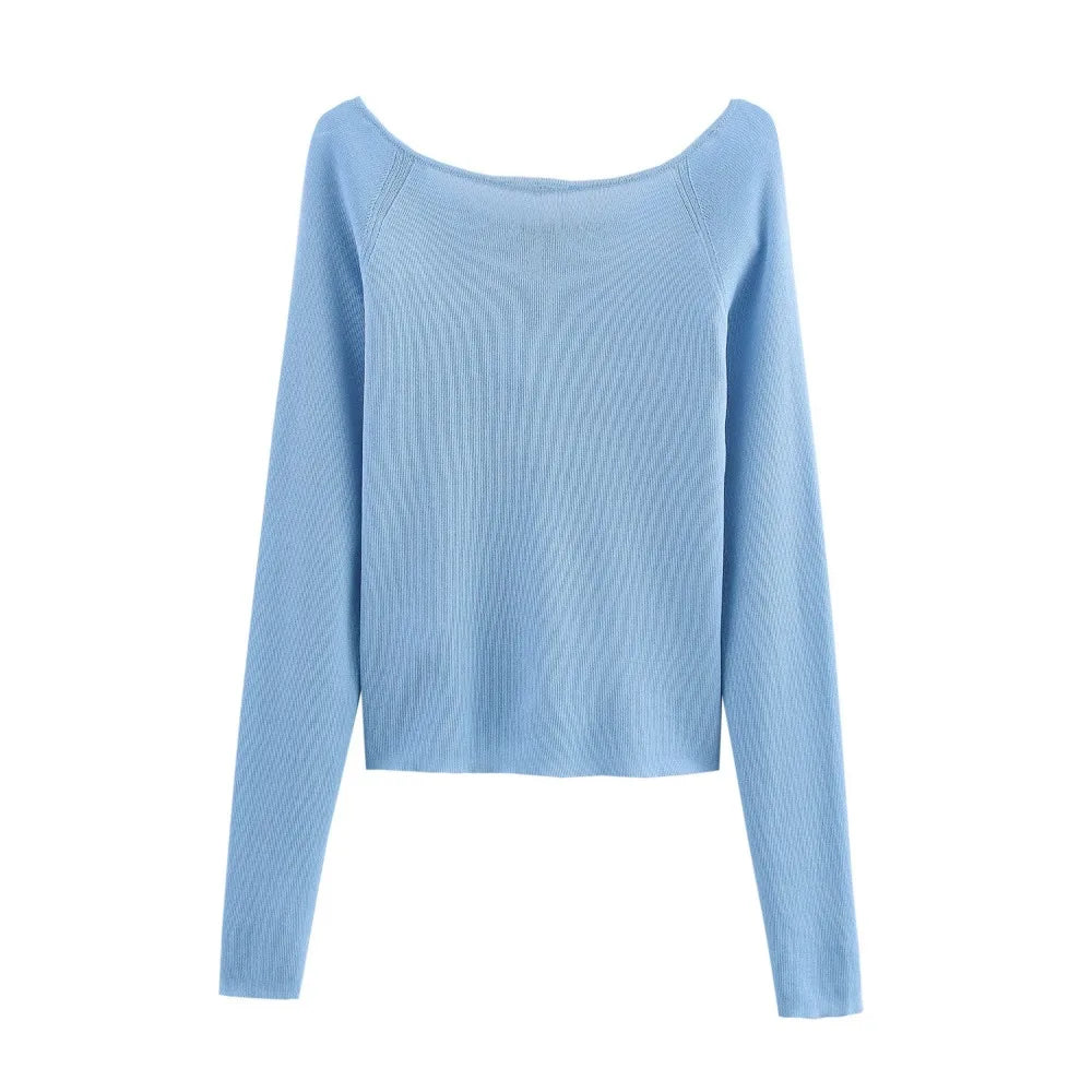 Women Pleated Knitted Pullover Slim-fit Round Neck Long Sleeve Simple Sweater