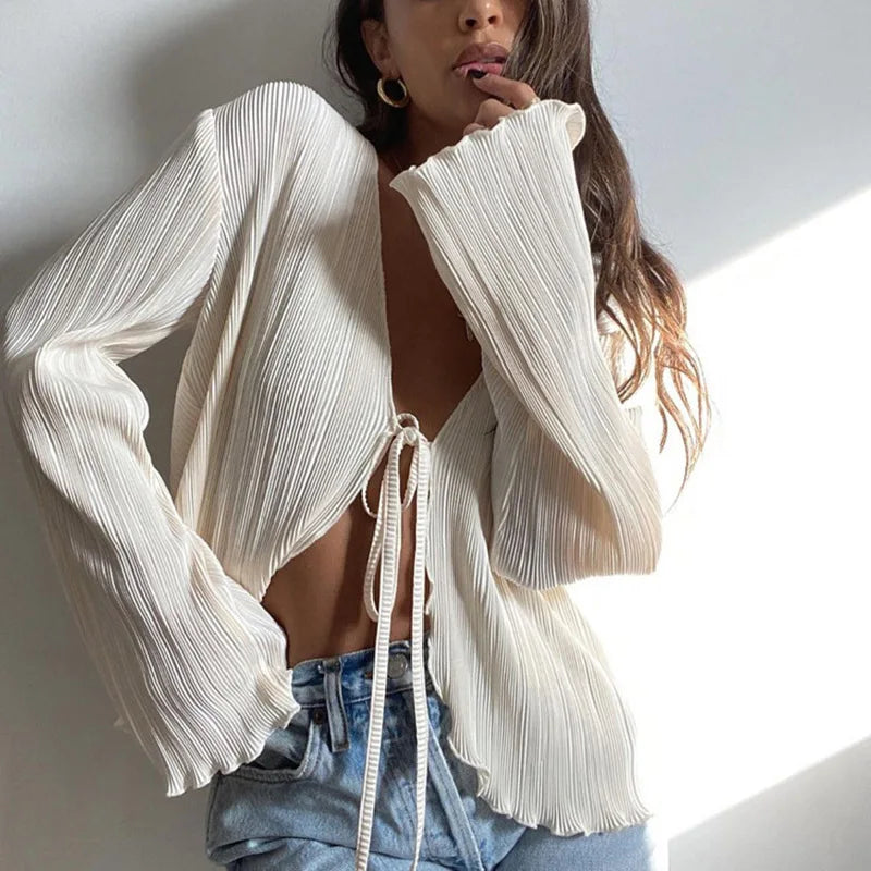 Women Pleated Plain Shirts Spring Fall Chic Long Flare Sleeve V- Neck Tie Up Cardigans Top - Beige / L