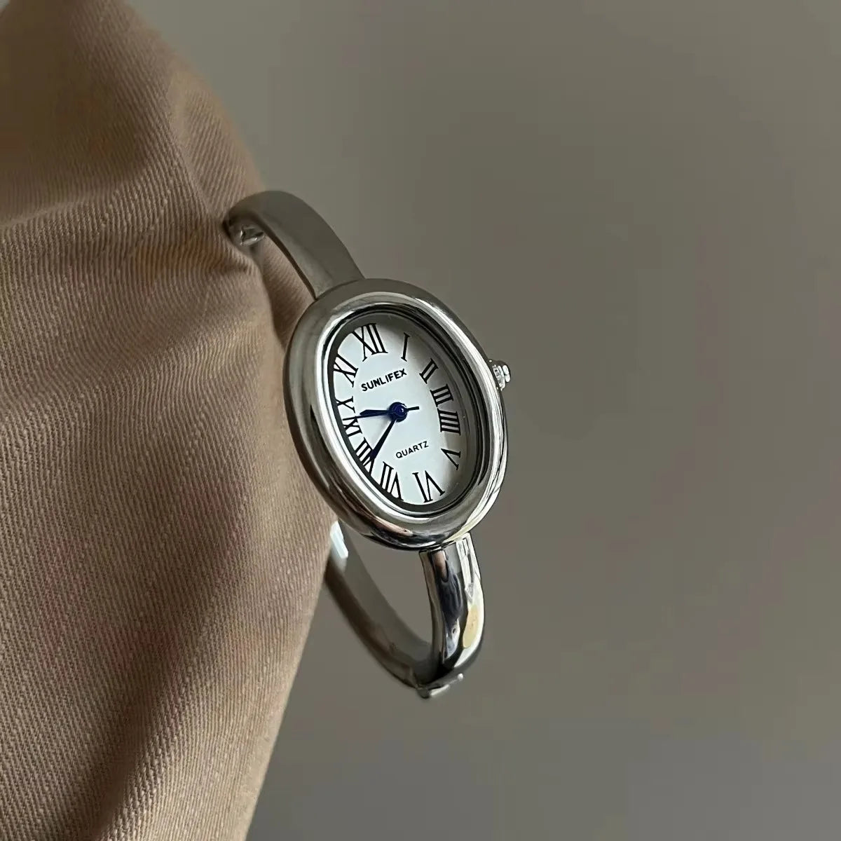 Women Quartz Watch Roman Numerals Vintage Simple Oval Clock Stainless Steel - 08