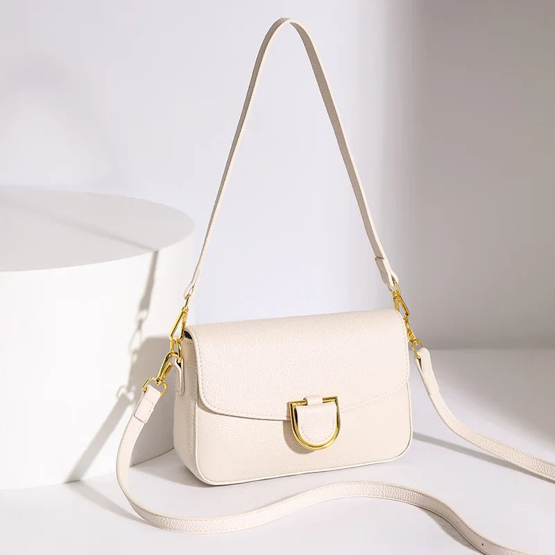 Women Real Cow Leather Handbag Crossbody Bag - Beige / 22cm 7cm 15cm