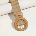 Women Round Buckle Boho Straw Belt