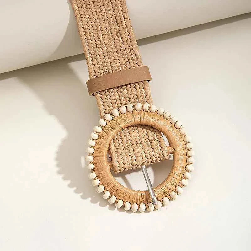 Women Round Buckle Boho Straw Belt
