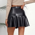 Women Ruffle High Elastic Waist PU Leather Skirts