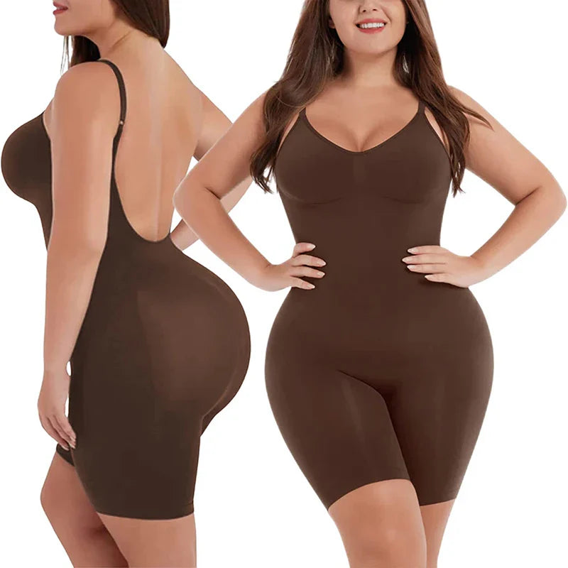 Women Seamless Low Back Bodysuit Shapewear Waist - Brown / M