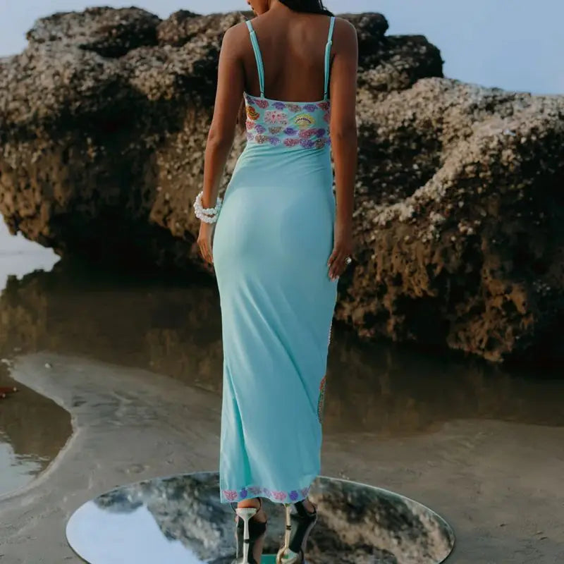 Women Shell Print Sleeveless Adjustable Straps Square Neck Straight Long Dress