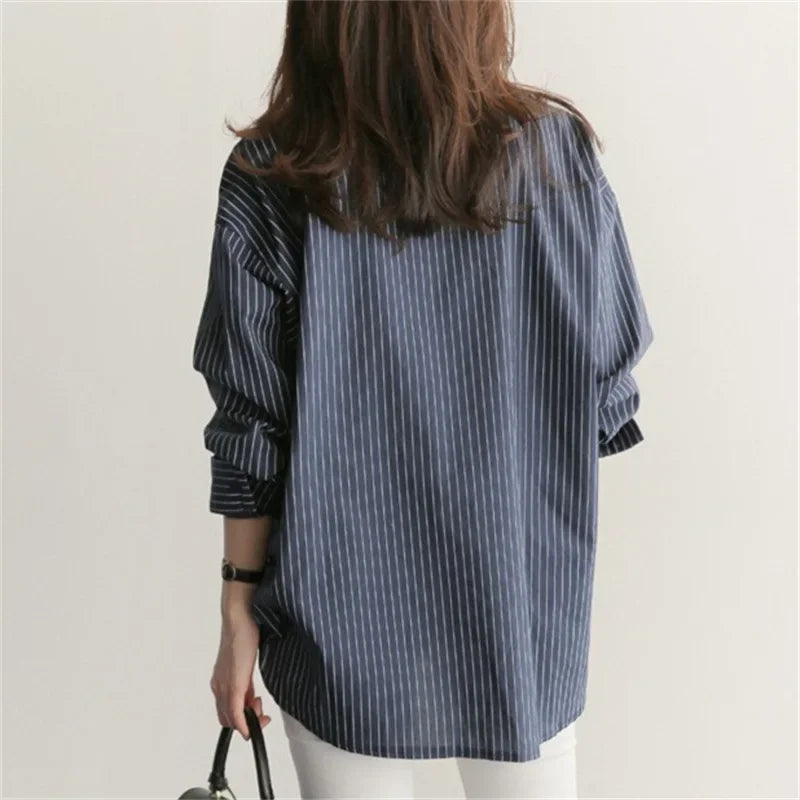 Women Shirt Stripes Blouse Lady Loose Long Sleeve Oversized