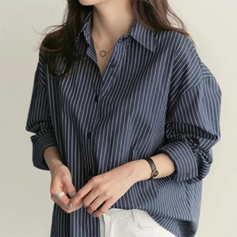 Women Shirt Stripes Blouse Lady Loose Long Sleeve Oversized - blue / 2XL
