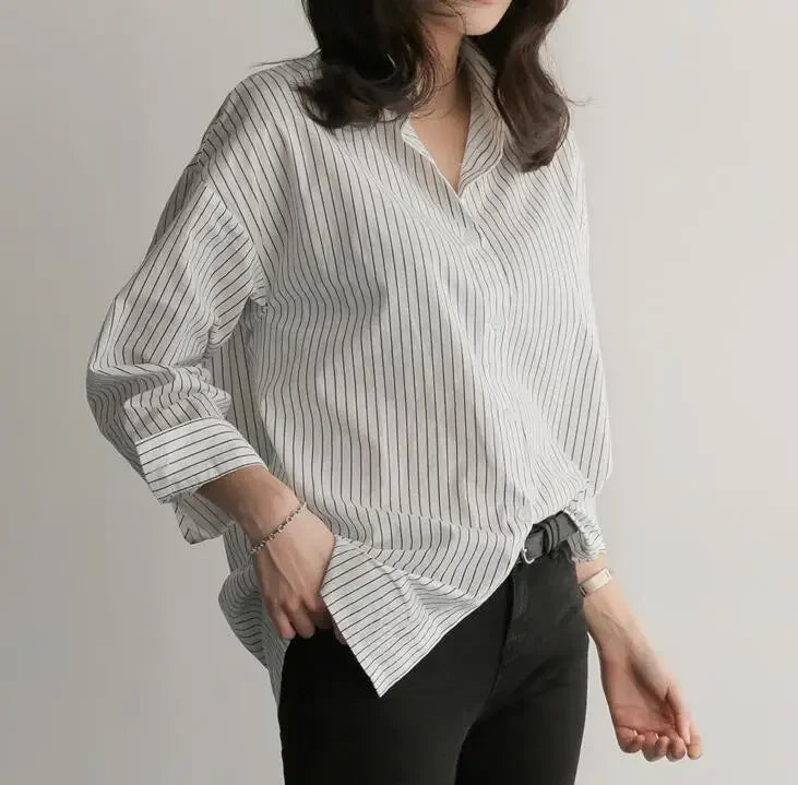 Women Shirt Stripes Blouse Lady Loose Long Sleeve Oversized - white / 2XL