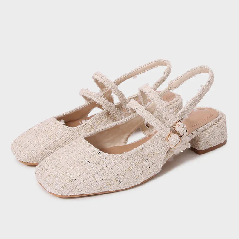 Women Shoes Buckle Strap Light Fabric Low Heels - Beige / 40