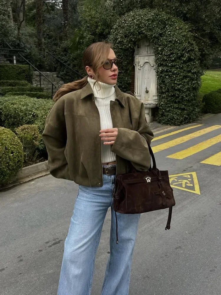 Women Short Jacket Fashion Full Sleeve Zipper Lapel Pocket - Other