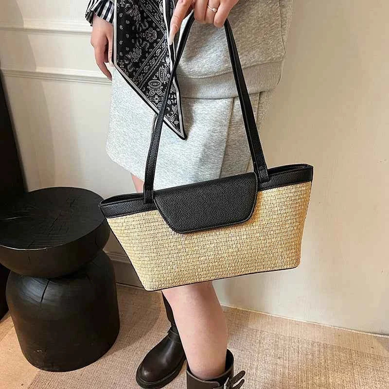 Women Shoulder Bag PU Woven Patchwork Stick Bag