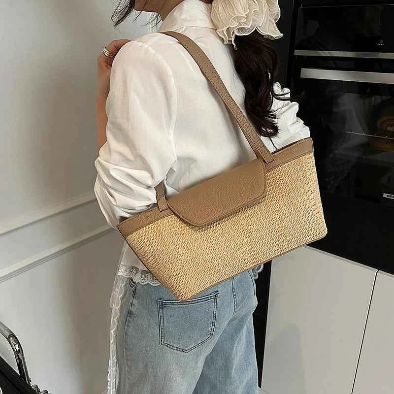 Women Shoulder Bag PU Woven Patchwork Stick Bag