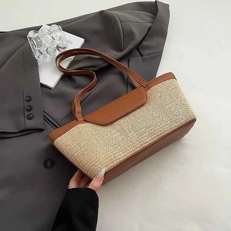 Women Shoulder Bag PU Woven Patchwork Stick Bag