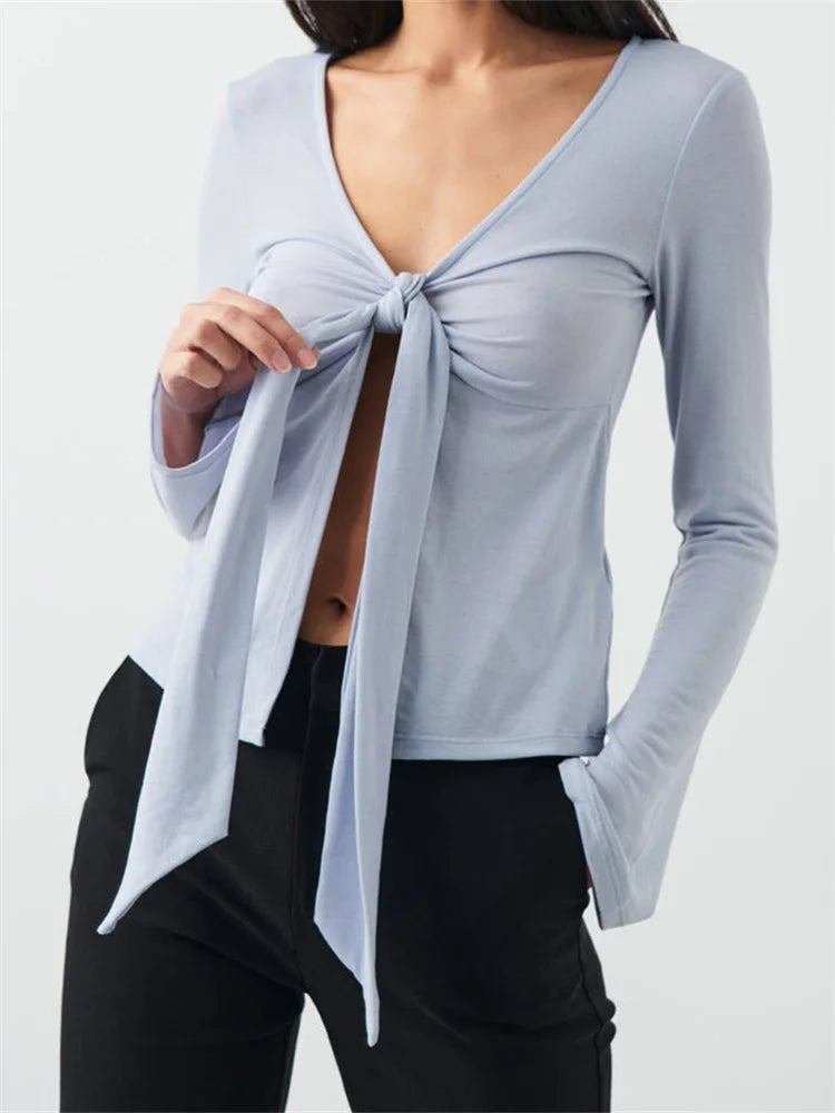 Women Slim Fit T-shirts Tops Long Sleeve V Neck - D / L